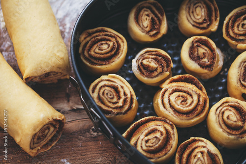 Cinnamon rolls in a heart-shaped baking pan