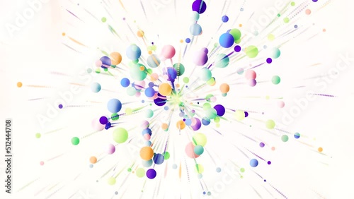 Animation of colorful circles, bubbles on a white background. Motion. Abstract bright particles moving like celebration fireworks.