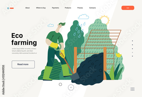 Ecology - Composting, eco farming -Modern flat vector concept illustration of ecology, organic farming metaphor. A man wearing rubber boots, digging composter Creative landing web page template