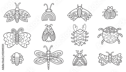 Contour set of beetles, spiders, moths and butterflies in cartoon style