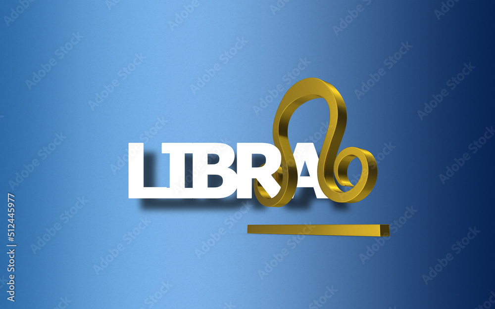 Libra 3D Astrology Sign is Attached to Text Of Itself Against Blue Libra 3D Astrology Sign is Attached to Text Of Itself Against Blue