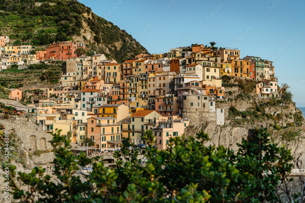 View of Manarola,Cinque Terre,Italy.UNESCO Heritage Site.Picturesque colorful village on rock above sea.Summer holiday,travel background.Italian Riviera landscape.Houses on steep cliff,vineyards