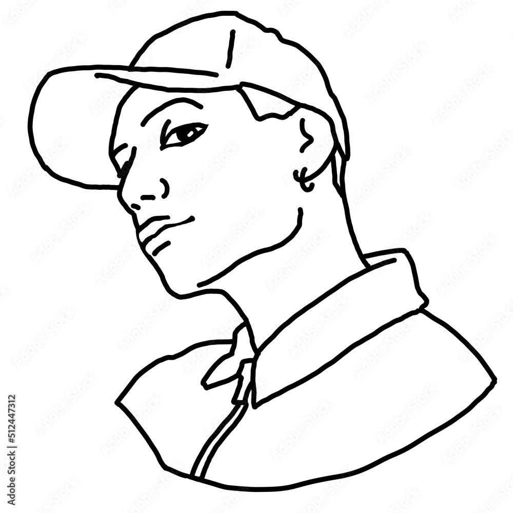 Obraz premium Handsome man wear stylish cap. Friendly face portrait. Street urban fashion for hipster, model, student, young, adult. Hand drawn retro vintage illustration. Old style comic cartoon drawing.