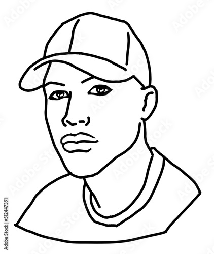 Handsome man wear stylish cap. Friendly face portrait. Street urban fashion for hipster, model, student, young, adult. Hand drawn retro vintage illustration. Old style comic cartoon drawing.