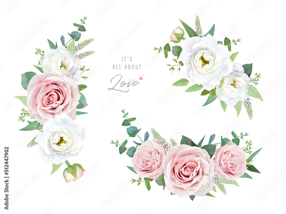 Floral watercolor bouquet, wreath. Vector design element set. Blush pink garden rose, white flowers, veronica, greenery, seeded eucalyptus leaves composition. Wedding invite card editable illustration