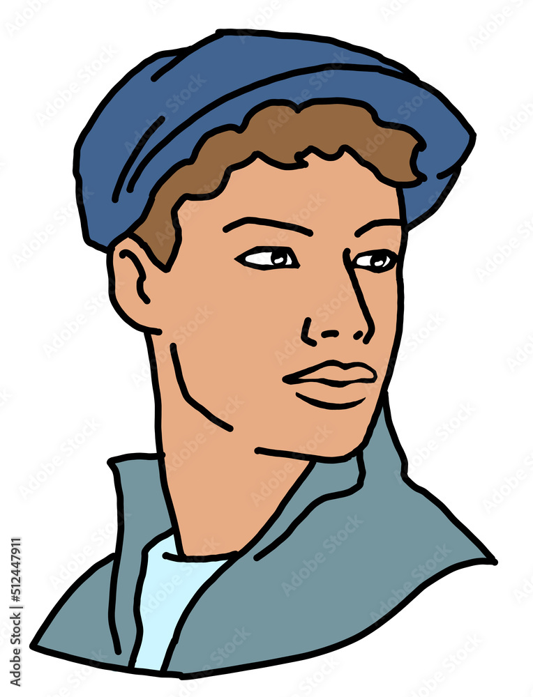 Handsome man wear stylish cap. Friendly face portrait. Street urban fashion for hipster, model, student, young, adult. Hand drawn retro vintage illustration. Old style comic cartoon drawing. Handsome man wear stylish cap. Friendly face portrait. Street urban fashion for hipster, model, student, young, adult. Hand drawn retro vintage illustration. Old style comic cartoon drawing.