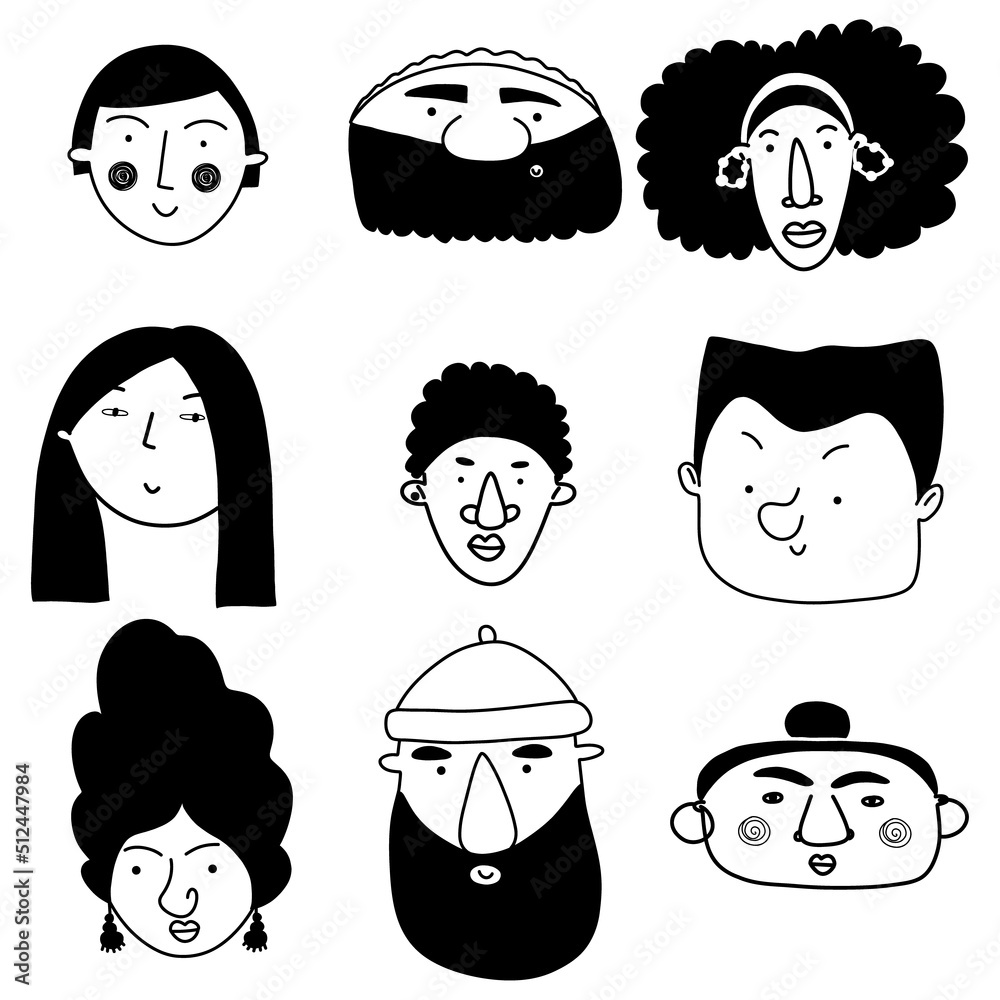 Collection of cute and diverse hand drawn faces in black and white ...