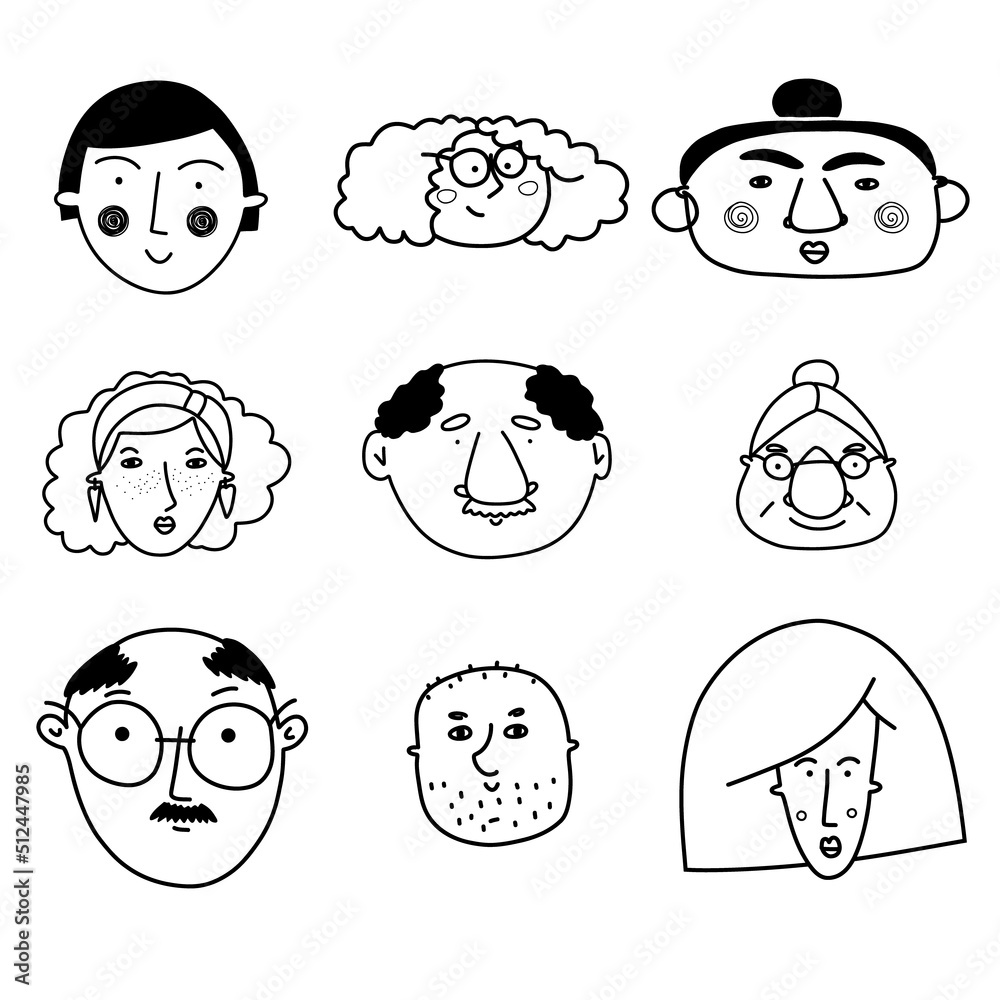 Collection of cute and diverse hand drawn faces in black and white ...