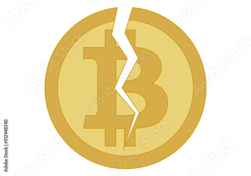 Icono de criptomoneda bitcoin roto en fondo blanco.