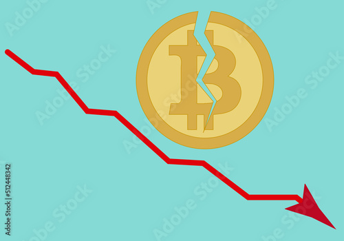 Gráfico de la caida de criptomoneda bitcoin en fondo azul. photo