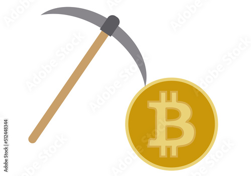 Pico minando criptomonedas de bitcoin en fondo blanco.