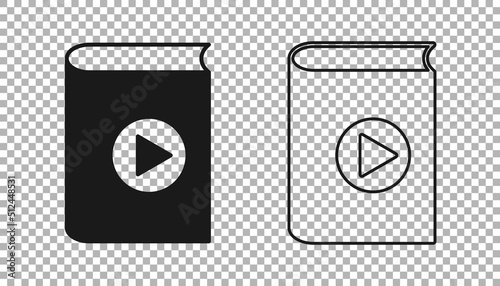 Black Audio book icon isolated on transparent background. Play button and book. Audio guide sign. Online learning concept. Vector