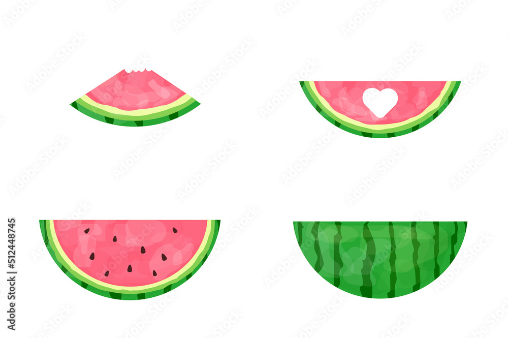 Collection of pink watermelons from different angles. Vector set of summer fruits. Use for posters, banners, posters, scrapbooking, stickers, decorations, covers.