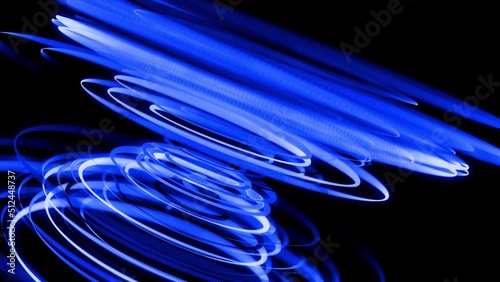 3d render. Motion design bg of flow lines form helix and abstract structures. Blue lines swirling in spiral. 3d render stylish creative abstract background. Isolated on black