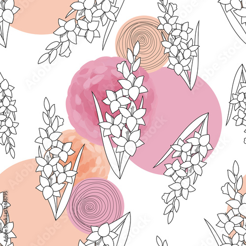 Seamless pattern with linear gladiolus flowers from black outlines on abstract background. Simple print with garden plants. Vector contour graphics in vintage floral style for fabric, paper wrapping