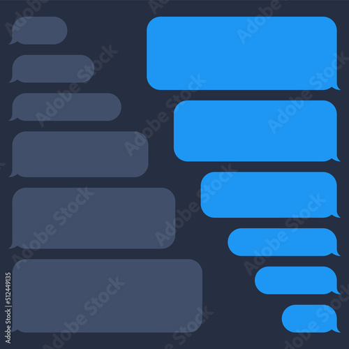 Blank various message bubbles. Chat or messenger speech bubble. SMS text frame. Short message sending. Dark mode. Vector illustration