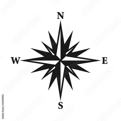 Vintage marine wind rose, nautical chart. Monochrome navigational compass with cardinal directions of North, East, South, West. Geographical position, cartography and navigation. Vector illustration.