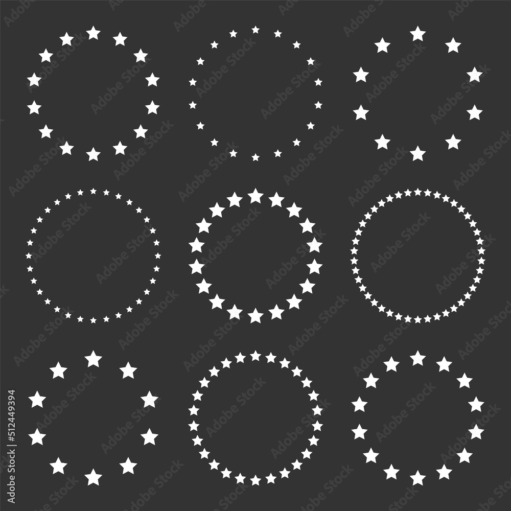White stars of various sizes arranged in a circle. Round frame, border. Black star outline, simple symbol. Design element, ornament. Line art. Vector illustration White stars of various sizes arranged in a circle. Round frame, border. Black star outline, simple symbol. Design element, ornament. Line art. Vector illustration