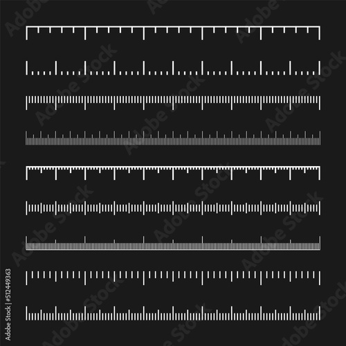 Various measurement scales with divisions. Realistic white scale for measuring length or height in centimeters, millimeters or inches. Ruler, tape measure marks, size indicators. Vector illustration