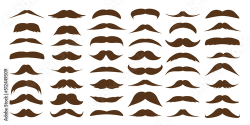 Various brown mustache collection. Vintage, retro mustaches. Facial hair, hipster beard. Vector illustration
