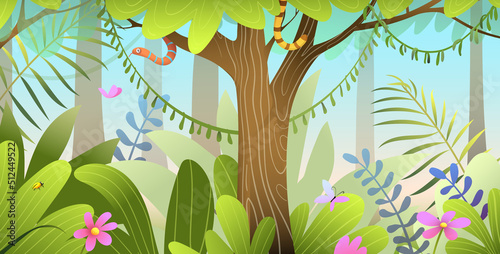 Forest scenery wallpaper for children with trees leaves and grass. Forest or woods bright green illustration for kids. Vector magic jungle horizontal banner.
