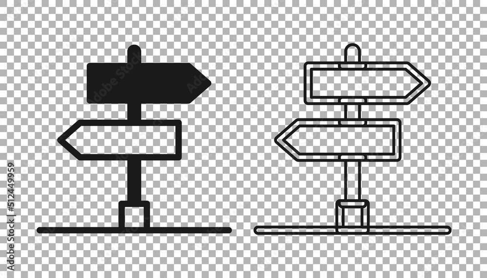 Black Road traffic sign. Signpost icon isolated on transparent background. Pointer symbol. Isolated street information sign. Direction sign. Vector Black Road traffic sign. Signpost icon isolated on transparent background. Pointer symbol. Isolated street information sign. Direction sign. Vector