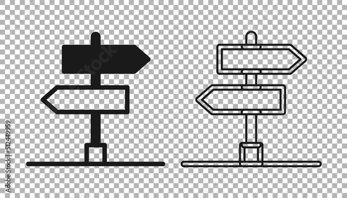 Black Road traffic sign. Signpost icon isolated on transparent background. Pointer symbol. Isolated street information sign. Direction sign. Vector