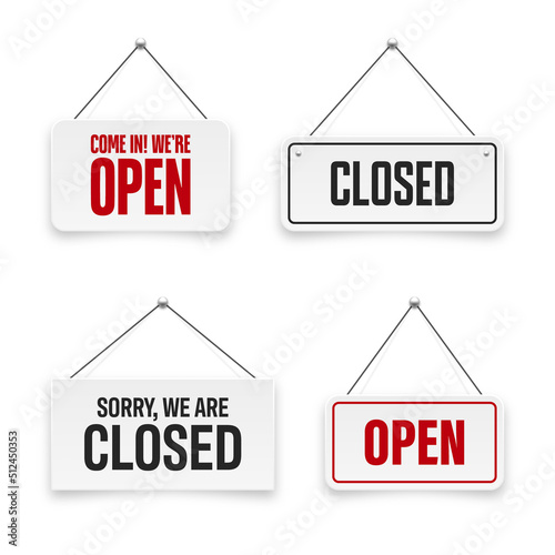 Realistic open or closed hanging signboards. Vintage door sign for cafe, restaurant, bar or retail store. Announcement banner, information signage for business or service. Vector illustration