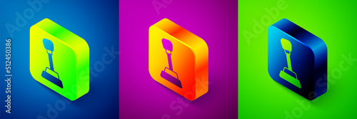 Isometric Gear shifter icon isolated on blue, purple and green background. Manual transmission icon. Square button. Vector