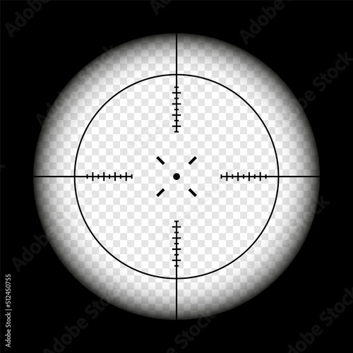 Weapon sight, sniper rifle optical scope on black background. Hunting gun viewfinder with crosshair. Aim, shooting mark symbol. Military target sign, silhouette. Game UI element. Vector illustration