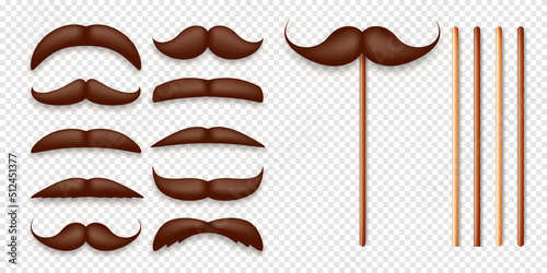 Realistic fake mustache on a wooden stick. Vintage paper mustache for carnival or holiday. Various brown facial hair, fashionable hipster beard. Vector illustration
