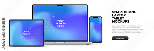Modern laptop mockup front view and high quality smartphone and tablet mockup isolated on white background Fototapet
