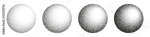 Round shaped dotted objects, stipple elements. Fading gradient. Stippling, dotwork drawing, shading using dots. Pixel disintegration, halftone effect. White noise grainy texture. Vector illustration