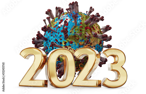 planet earth globe as virus cell and 2023 golden symbol bold letters 3d-illustration. elements of this image furnished by NASA