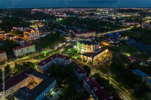 aerial night panorama overlooking old town, urban development, historic buildings, crossroads