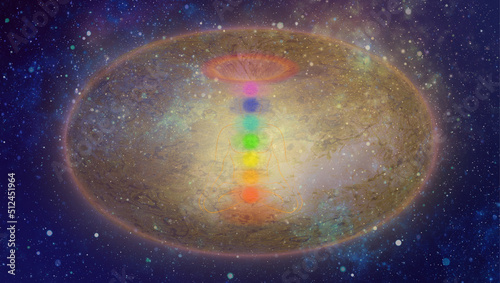 Person meditating in space in toroidal field seven color chakras 