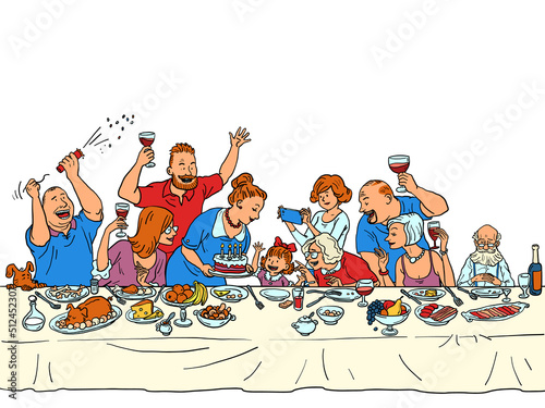 girl daughter granddaughter Birthday party, the whole family at the festive table