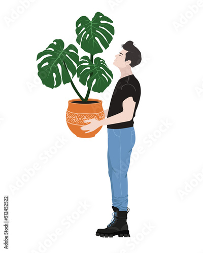 Man care about houseplant, home gardening. Guy holds a flower in pot cartoon flat vector illustration.