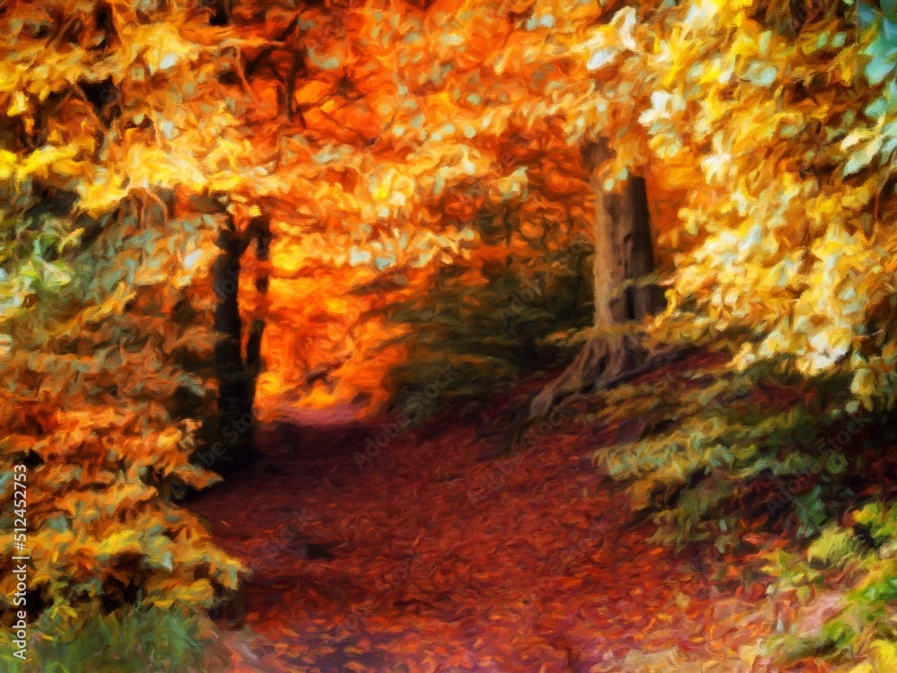 Digital painting style illustration of an autumn forest pathway with golden beech trees and leaves strewn on the ground with glowing sunlight