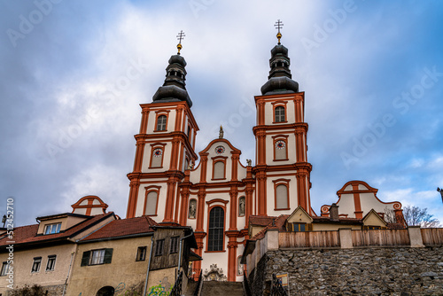 Front view of Mariatrost Basilica church on top of Purberg hill on a winter day, pilgrimage church with Baroque style, in Graz, Styria, Austria