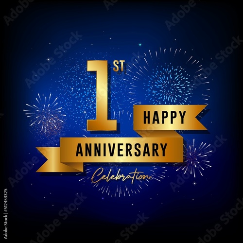 1st anniversary logo with golden ribbon for booklets, leaflets, magazines, brochure posters, banners, web, invitations or greeting cards. Vector illustrations.