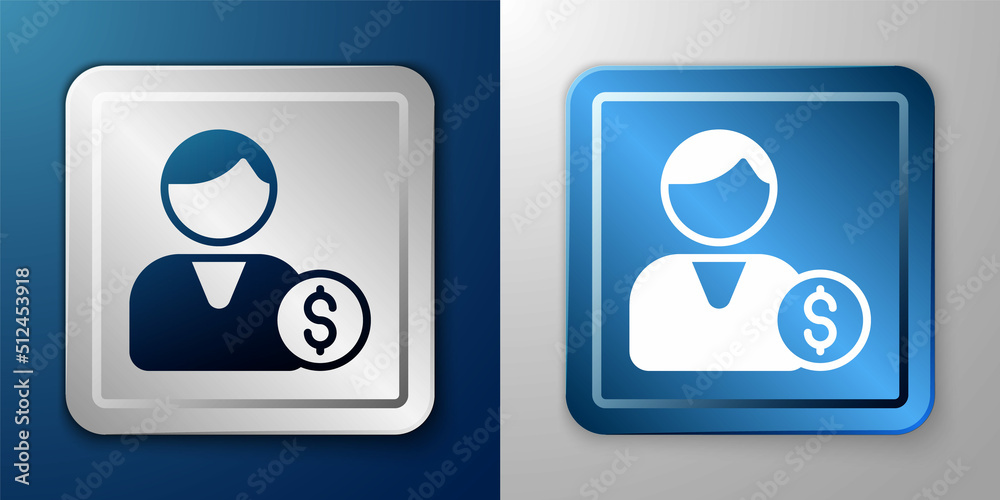 White Buyer icon isolated on blue and grey background. Silver and blue square button. Vector White Buyer icon isolated on blue and grey background. Silver and blue square button. Vector