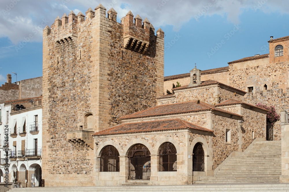 Bujaco tower from the 13th century. Cáceres,  Spain declared a World Heritage Site by UNESCO in 1986. The new tower located in the main square of Caceres and at the entrance to the old town