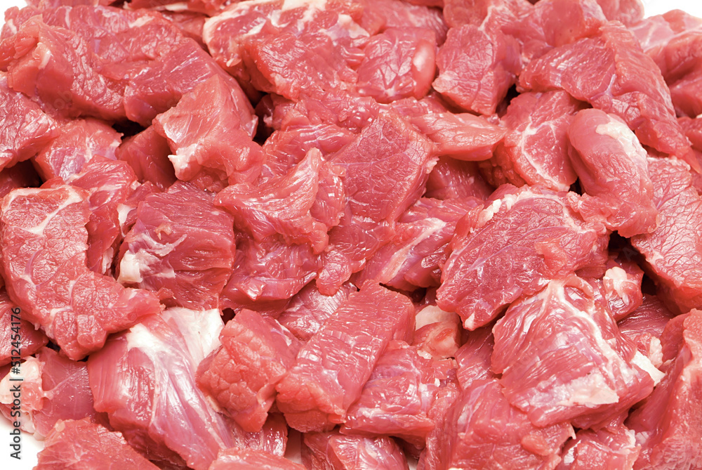 Raw Cubed Meat Steak Red Background Pattern