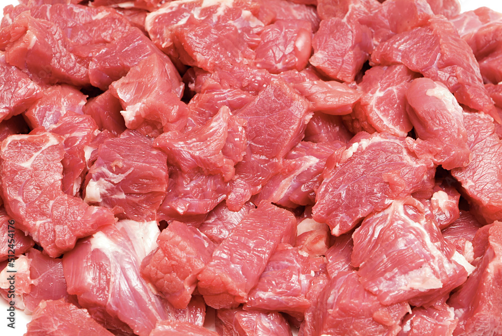 Raw Cubed Meat Steak Red Background Pattern Raw Cubed Meat Steak Red Background Pattern