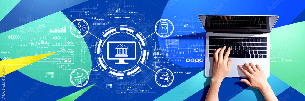Cryptocurrency fintech theme with person using a laptop computer Cryptocurrency fintech theme with person using a laptop computer