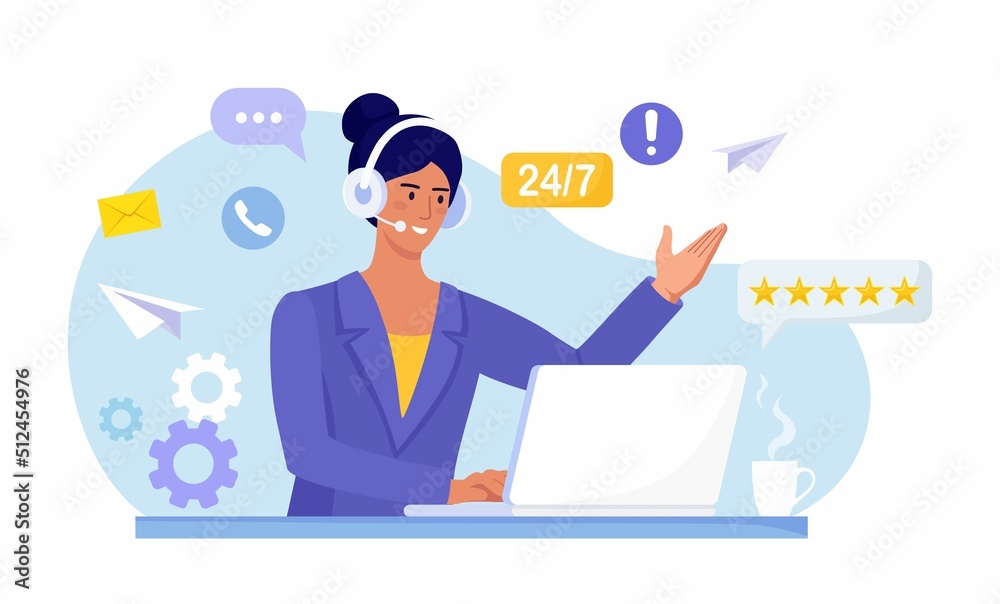 Customer support. Contact us. Woman with headphones and microphone with computer talking with clients. Personal assistant service, hotline operator advises customer, online global technical support.