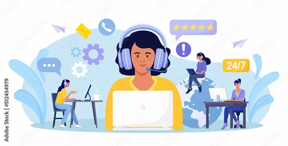 Customer support. Contact us. Woman with headphones and microphone with laptop talking with clients. Personal assistant service, hotline operator advises customer, online global technical support