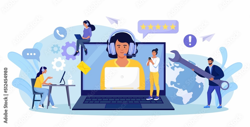 Customer support. Contact us. Woman with headphones and microphone talking with clients on laptop screen. Personal assistant service, hotline operator advises customer, online global technical support