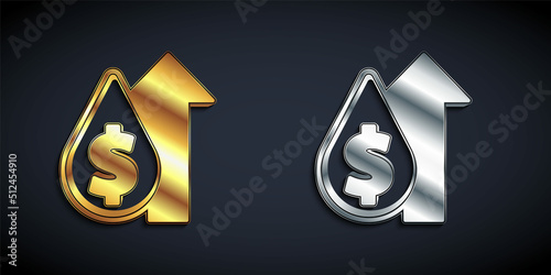 Gold and silver Oil price increase icon isolated on black background. Oil industry crisis concept. Long shadow style. Vector